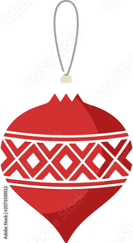 Red Christmas Bauble Ornament with Geometric Pattern Decorative Holiday Hanging Decoration Vector Illustration