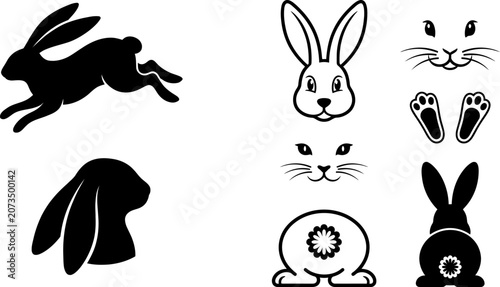 Rabbit Silhouette and Bunny Outline Collection Featuring Cute Hare Faces Paws Ears and Wildlife Vector Set