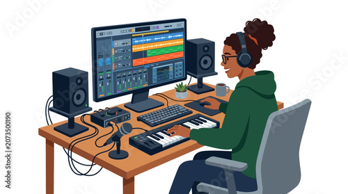 Konstfotografi Music producer, audio engineer, recording studio setup, sound mixing console iso