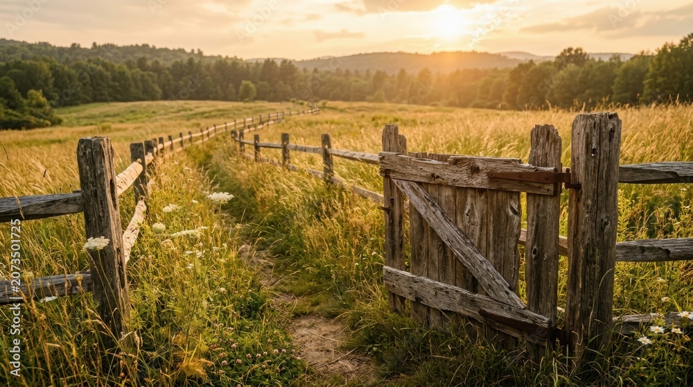 Fototapeta premium Open wooden gate in a rustic meadow during golden hour. A rural countryside pathway leads through tall grass towards a distant forest. Concept of nature, freedom, and tranquil escape.