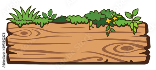 Wooden plank sign providing a textured background, framed by lush green grass and plant leaves. Ideal for nature-themed messages