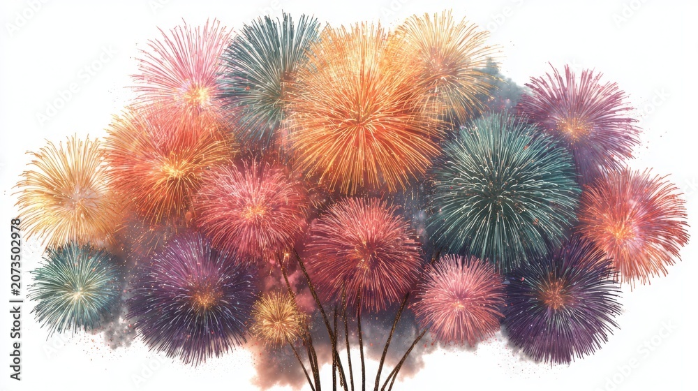 Fototapeta premium Colorful fireworks bursting in the night sky, isolated on a clean white background, capturing a festive and celebratory atmosphere.