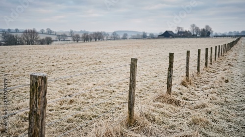 Frosty fence stretching across a frozen meadow in winter. Rural agricultural landscape with hoarfrost covering grass. Cold morning countryside atmosphere with hazy sky and farm house.