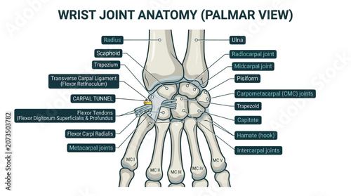 Bild auf Leinwand Detailed illustration of a human wrist joint anatomy in palmar view with labeled parts on a white background