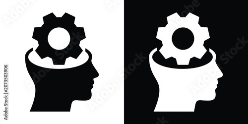 Photos Human head silhouette with a gear icon inside, symbolizing logical thinking, brain mechanics, and problem-solving