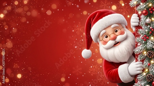 Festive Santa Peeking Christmas Red Banner Template With Copy Space