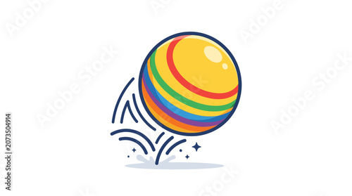 Energetic Rainbow Ball Bouncing with Dynamic Motion Lines and Playful Sparkles, Symbolizing Joyful Movement and Childhood Fun