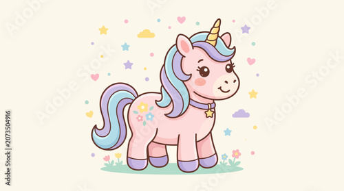 Adorable cartoon unicorn standing gracefully in a whimsical pastel meadow, surrounded by sparkling stars and fluffy clouds, perfect for enchanting children's designs and magical fantasy themes