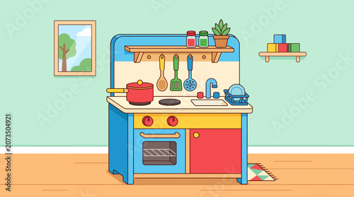 Colorful Illustrated Toy Kitchen Set for Children's Imaginative Play, Featuring Stove, Oven, Sink, and Cooking Accessories in a Brightly Decorated Room