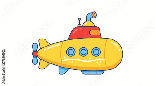 Vibrant Yellow Cartoon Submarine Vector Illustration Navigating the Ocean Depths - Playful Underwater Vehicle Graphic for Children's Designs and Aquatic Adventures