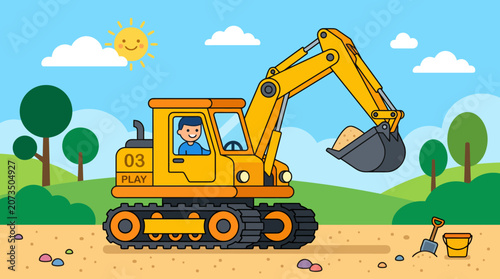 Cheerful young boy operating a bright yellow excavator, digging sand on a sunny day in an outdoor play area with trees and clouds