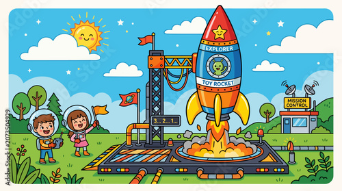 Whimsical illustration depicts excited children in astronaut suits watching a vibrant rocket launch from a spaceport, inspiring dreams of cosmic exploration