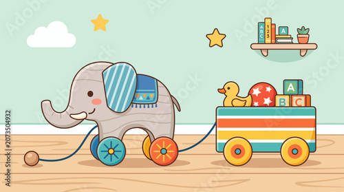 Charming illustration of a vintage style wooden elephant pull toy with a colorful cart full of alphabet blocks and a rubber duck, set in a delightful children's playroom for playful learning