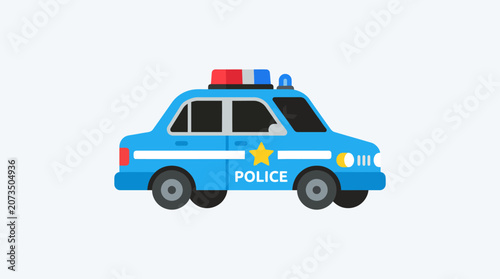Flat design illustration of a vibrant blue police patrol vehicle with emergency lights, representing law enforcement, public safety, and community protection services