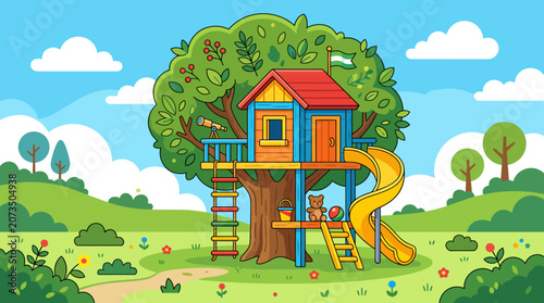 Whimsical cartoon treehouse in a sunny park with a slide and telescope, offering a delightful spot for kids' imaginative outdoor play and joyful childhood memories