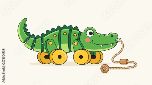 Cute green crocodile pull-along toy illustration for children's playtime, featuring a friendly cartoon reptile with wooden wheels and string on a clean background