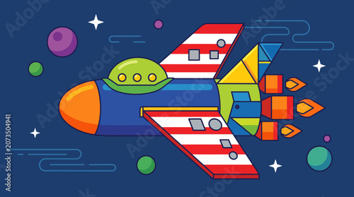 Vibrant Cartoon Rocket Ship Soaring Through Cosmic Space with Planets and Stars in a Playful Flat Design Illustration