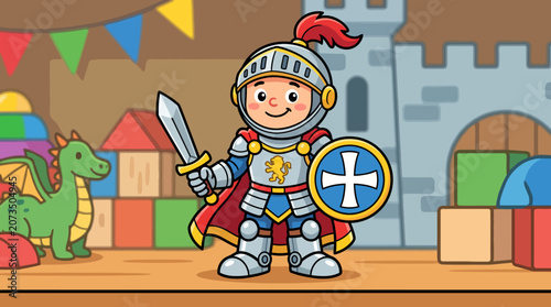 Cute cartoon knight in armor with sword and shield standing in a child's playroom filled with toys