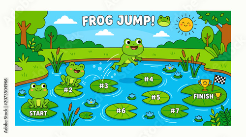 Playful cartoon frogs leap across numbered lily pads in a charming pond setting, creating a fun and educational nature-themed jumping game for kids