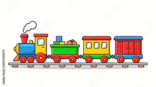 Vibrant and playful cartoon train illustration featuring a classic locomotive and colorful wagons, ideal for children's projects and transport themes