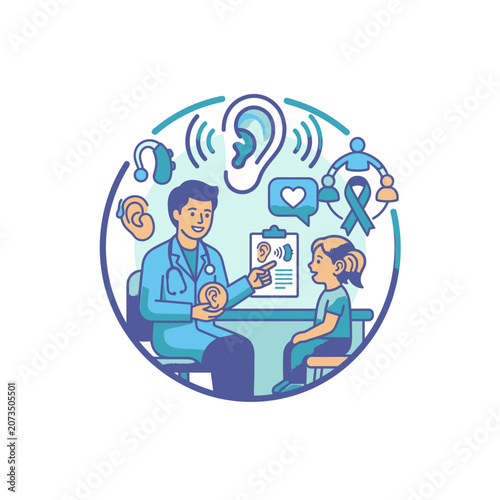 Pediatric hearing test with doctor and child icon.