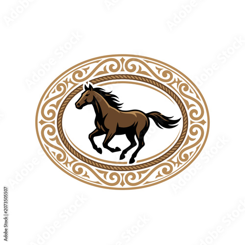 Running horse within decorative ornamental oval frame.