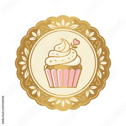 Sweet cupcake in golden ornate floral frame.