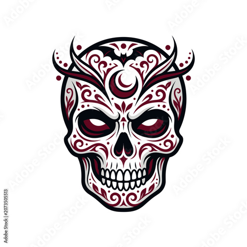 Horned sugar skull with devilish crescent moon pattern.