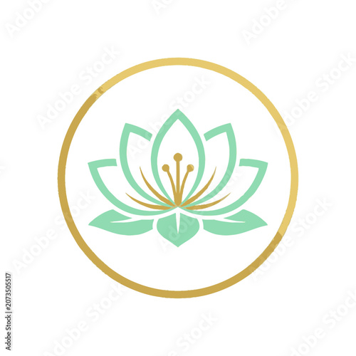 Lotus flower icon within gold circular frame.