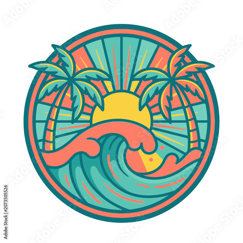 Retro tropical beach sunset with palm trees.
