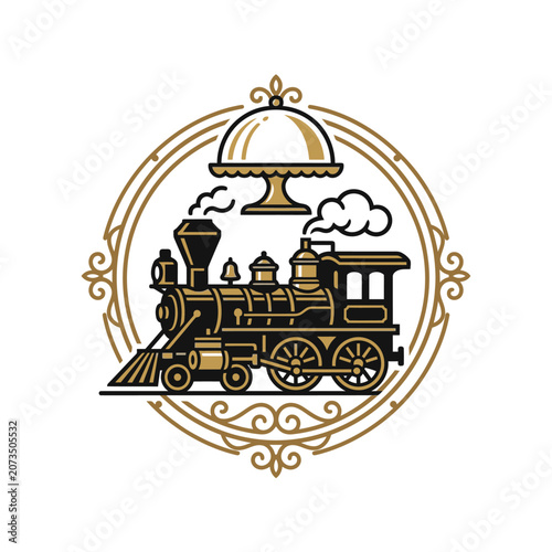 Vintage steam train logo with ornate culinary frame.