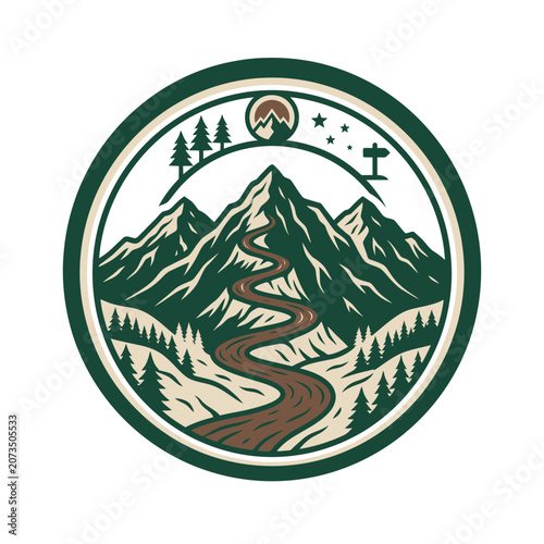 Stylized mountain range logo with winding river path.