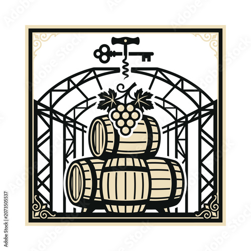Detailed winery illustration with wooden barrels and grapes.