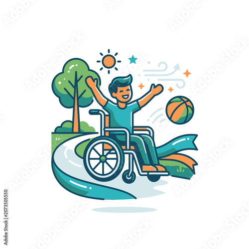 Man in wheelchair playing basketball outdoors.