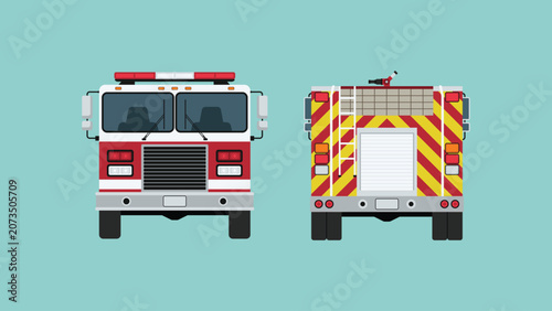 Fire truck front and rear view with pumper engine design for firefighting, emergency response, and rescue operation, flat vector illustration