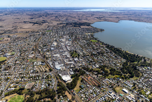 Colac aerial view of suburban housing and commercial district and retail shops, Victoria Australia