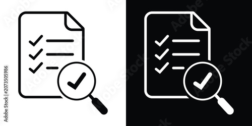 Obraz na płótnie Line icon of a checklist sheet with a magnifying glass and checkmark symbol