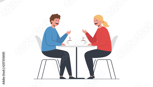 Friends or colleagues sitting at a table in a cafe enjoying conversation and laughing over drinks in a relaxed social environment.