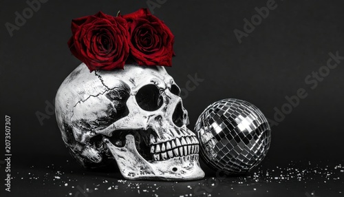 Skull with Roses and Disco Ball, Dark  Moody Halloween Party Concept