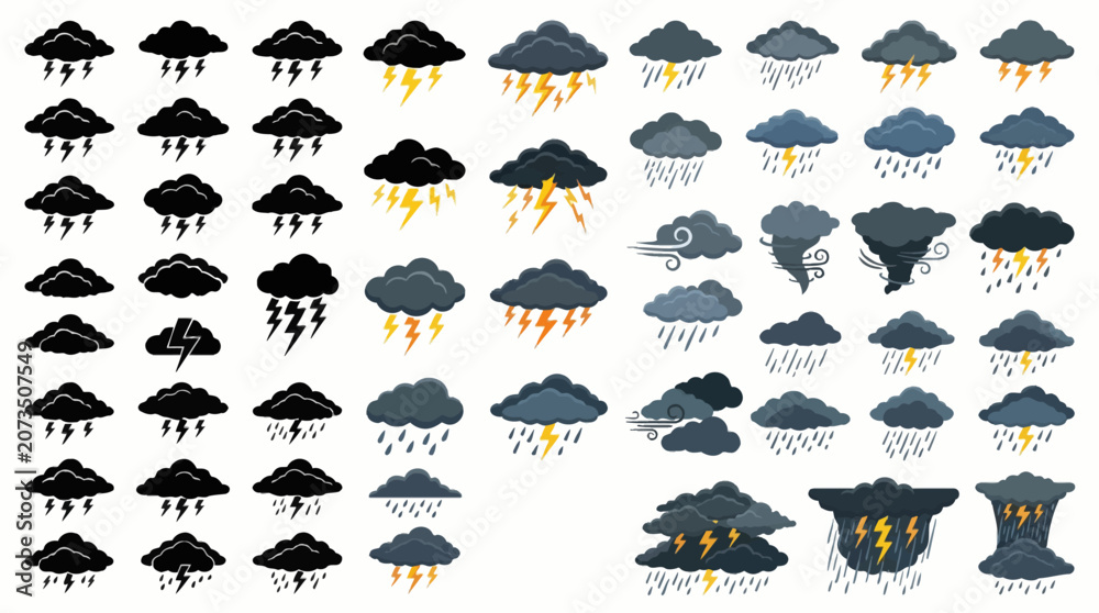 Fototapeta premium Professional vector collection featuring different storm cloud designs, thundercloud, rain cloud, dark weather cloud, lightning cloud, severe weather cloud, dramatic storm formation