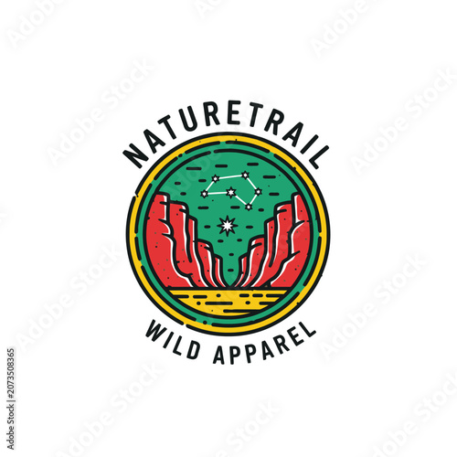 Round canyon landscape nature trail apparel badge design.