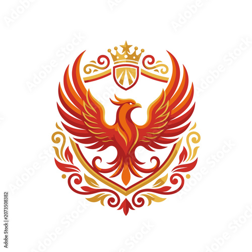 Ornate phoenix crest with crown and gold filigree.