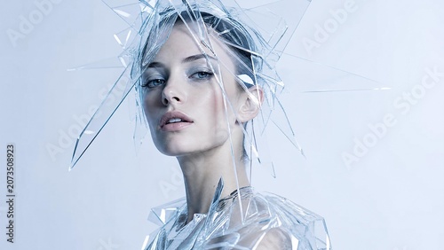Beautiful Young Woman Wearing Futuristic Avant-Garde Costume Made of Glass Shards