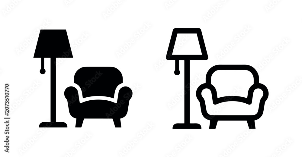 Fototapeta premium Armchair and floor lamp icons in solid fill and outline styles