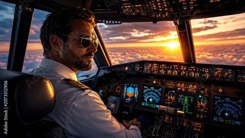 Commercial pilot monitoring instruments during a sunset flight. Concept for aviation safety, navigation, transportation leadership and international travel.
