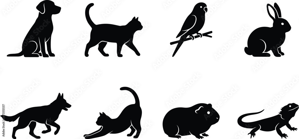 Obraz premium Animal Silhouette Collection Featuring Dog Cat Bird Rabbit and Wildlife Icons