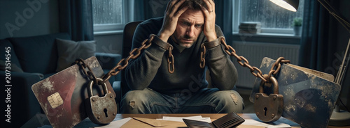Stressed man shackled to credit card with heavy iron chain. Financial burden and debt bondage concept. Struggling with high loan interest or payment. Banner with copy space