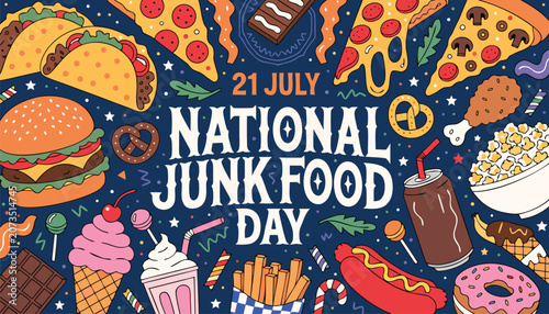 Quadro su tela Colorful hand drawn illustration celebrating national junk food day event theme