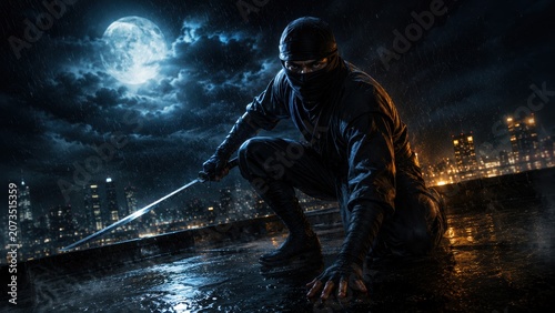 Crouching ninja on a rooftop beneath a full moon. Concept for surveillance, stealth mission, vigilance and nighttime action storytelling.

