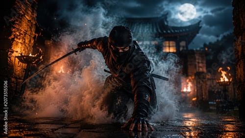 Ninja sprinting through smoke in a moonlit village. Concept for stealth mission, speed, danger, martial action and cinematic storytelling.
